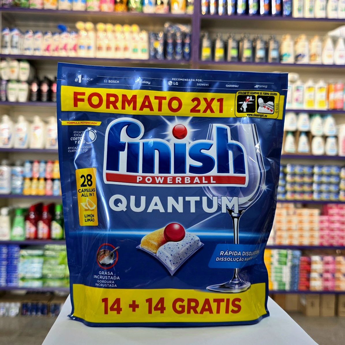 قرص ماشین ظرفشویی Finish Powerball Quantum – بسته ۲۸ عددی لیمویی | شستشو و درخشان‌کننده حرفه‌ای